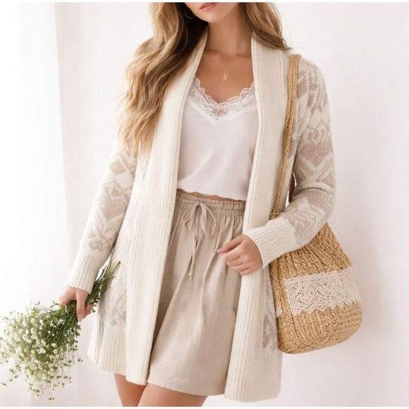 Old Navy Sweaters - OLD NAVY Cotton Cardigan Fair Isle Sweater Long Open Shawl Collar Taupe Size S